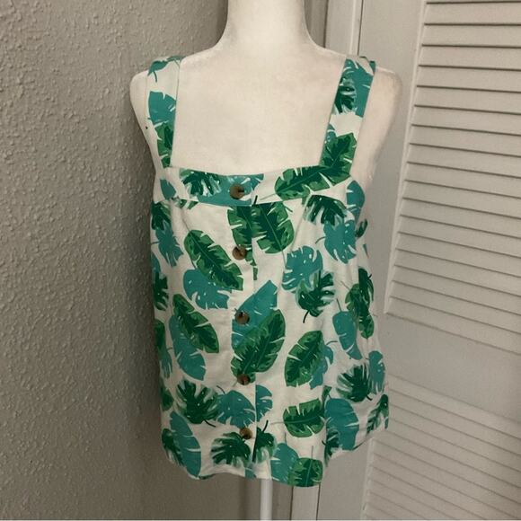 J. Crew Tropical Monstera Leaf Button Front Linen Tank Camisole NEW M Dopamine - Picture 2 of 9